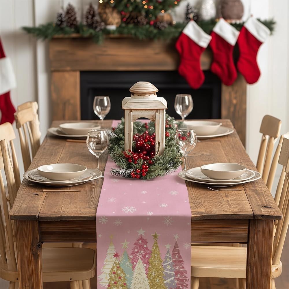 Christmas Table Runner 13x72 Inch, Xmas Trees Snowflakes Winter Holiday Decorative Farmhouse Table Decorations for Kitchen Dinning, Indoor Outdoor Dinner Party Decor