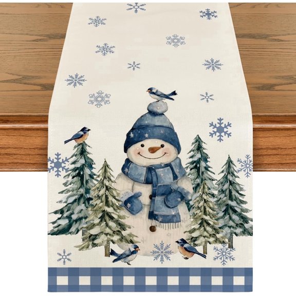 Christmas Table Runner 13x72in Xmas Trees Snowflakes Blue Snowman Birds Winter Holiday Kitchen Dining Table Decoration for Indoor Outdoor Home Party Decor