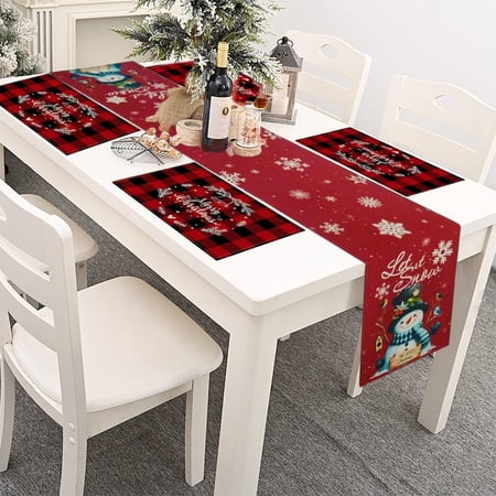Christmas Table Runner 13x72 Inch and Placemats Set of 4 Holiday Table Decoration Snowman Pattern Dinner Party Decor