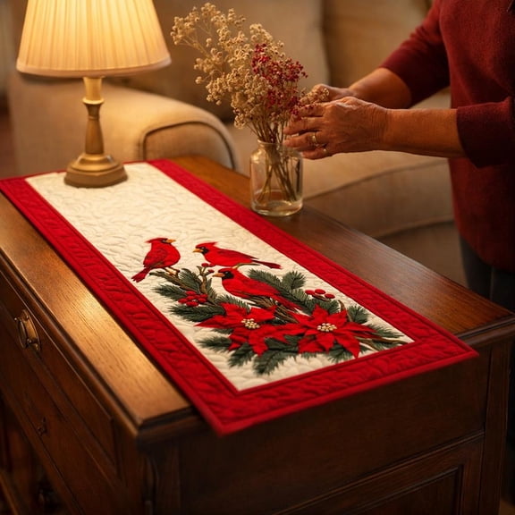 Christmas Table Runner 14x72 Inch, Red Cardinal & Poinsettia Quilted Fabric Decor for Holiday Dining, Buffet & Entryway