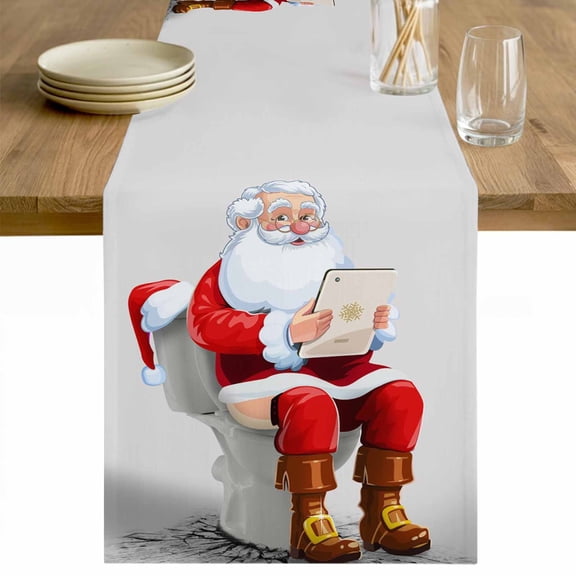 Christmas Table Runner 36 Inches Long Farmhouse Dress Scarves, Funny Santa Claus on Toilets Xmas Abstract Dining Tablerunner for Coffee Table/Kitchen Island/Party Décor, Small 13" x 36"