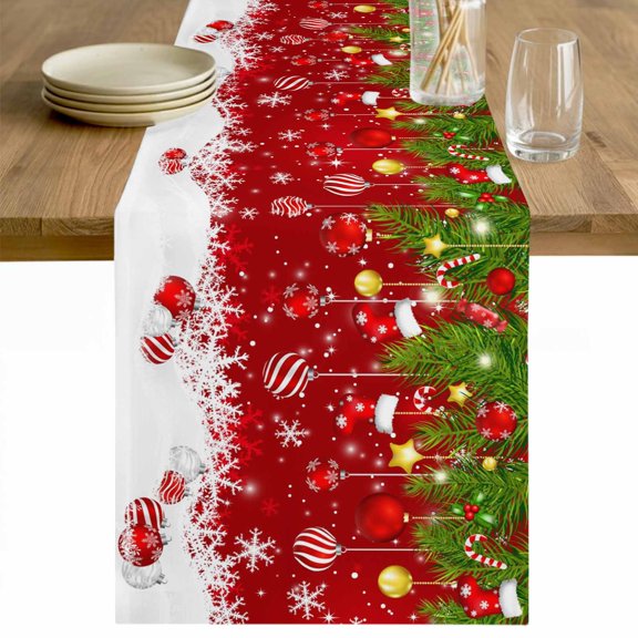 Christmas Table Runner 36 Inches Long Farmhouse Dress Scarves, Red Xmas Weeping Balls Green Branches Snowflakes Dining Tablerunner for Coffee Table/Kitchen Island/Party Décor, Small 13" x 36"