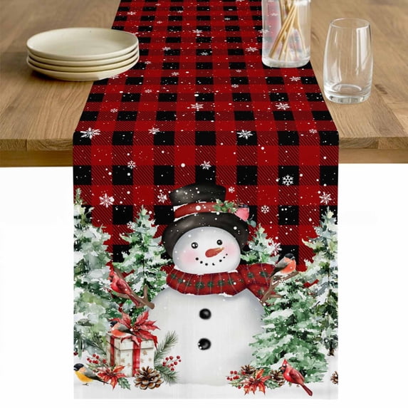 Christmas Table Runner 36 Inches Long Farmhouse Dress Scarves, Snowman Snowflake Trees Watercolor Birds Red Plaid Dining Tablerunner for Coffee Table/Kitchen Island/Party Décor, Small 13" x 36"