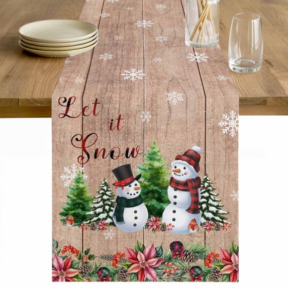 Christmas Table Runner 36 Inches Long Farmhouse Dress Scarves, Snowman Snowflake Xmas Tree Winter Wooden Dining Tablerunner for Coffee Table/Kitchen Island/Party Décor, Small 13" x 36"