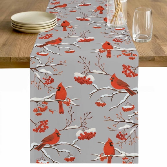Christmas Table Runner 48 Inches Long Farmhouse Dress Scarves, Red Cardinal Birds on Branch Berries Grey Dining Tablerunner for Coffee Table/Kitchen Island/Party Décor, 13" x 48"