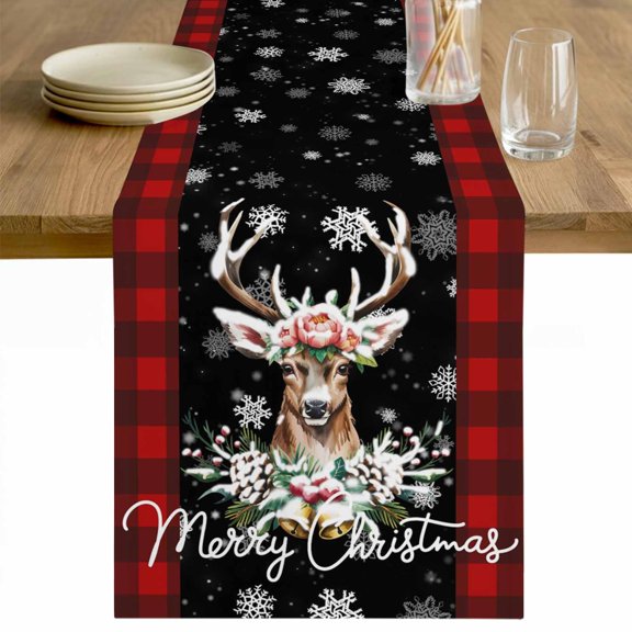Christmas Table Runner 48 Inches Long Farmhouse Dress Scarves, Winter Elk Berry Leaves Needle Snowflake Plaid Dining Tablerunner for Coffee Table/Kitchen Island/Party Décor, 13" x 48"