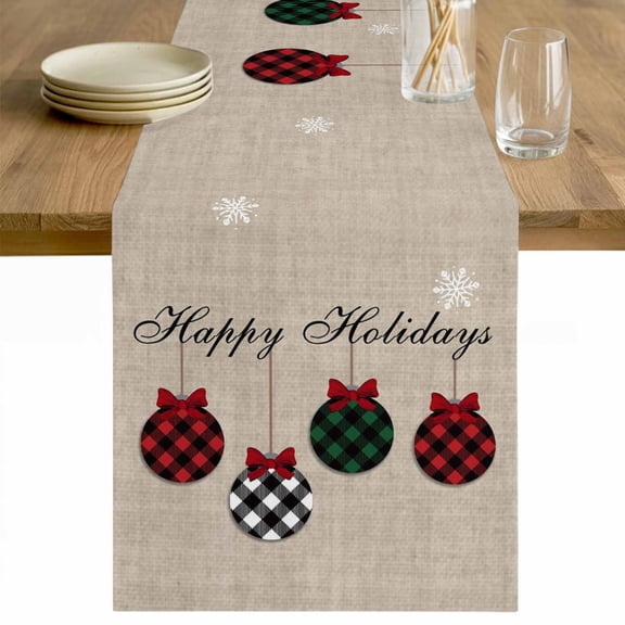 Christmas Table Runner 48 Inches Long Farmhouse Dress Scarves, Winter Snowflakes Plaid Xmas Balls Bow on Linen Dining Tablerunner for Coffee Table/Kitchen Island/Party Décor, 13" x 48"