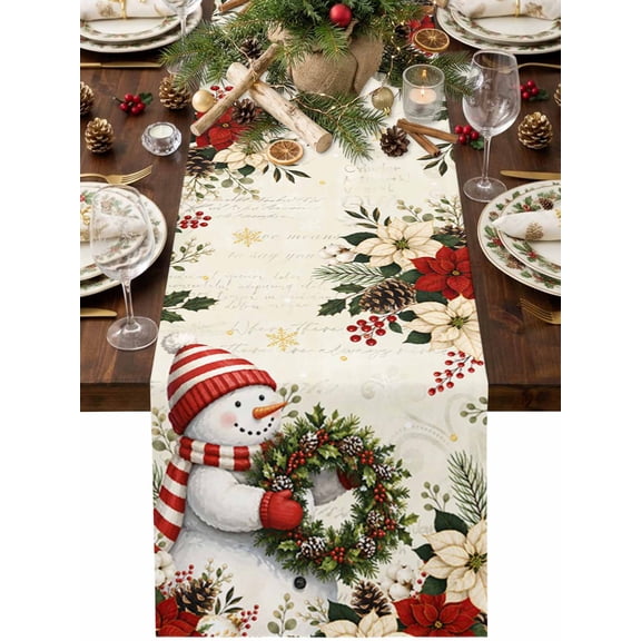 Christmas Table Runner 48 Inches Long, Winter Snowmen Holly Leaf Wreath Red Beige Poinsettia Cotton Linen Dining Table Runner Dresser Scarves for Home Kitchen Party Decor 13"x48"