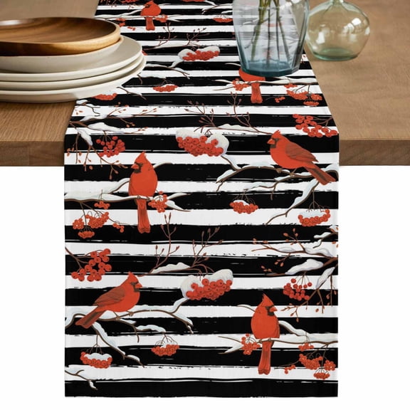 Christmas Table Runner 48 Inches, Red Cardinal Birds on Branch Berries White Black Stripes Bed Runner Dresser Scarves Tabletop for Indoor Outdoor Parties/Ceremony/Banquet, 13" x 48"