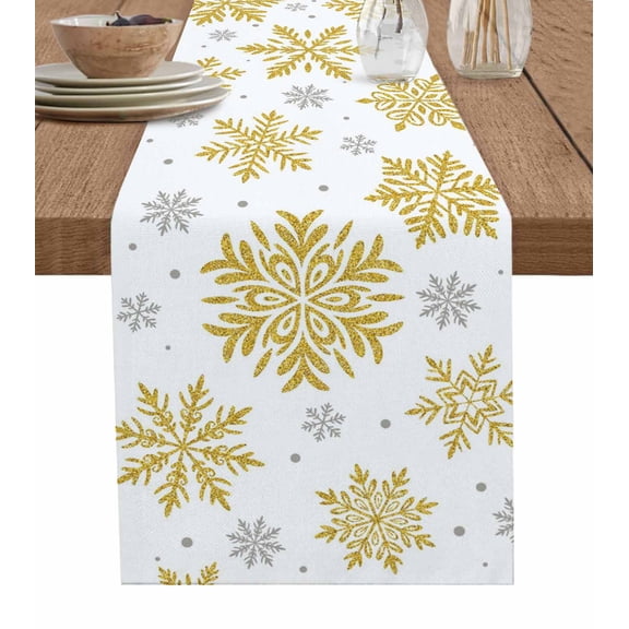 Christmas Table Runner 60 Inches, Winter Xmas Yellow Snowflakes Textured Bed Runner Dresser Scarves Tabletop for Indoor Outdoor Parties/Ceremony/Banquet, 13" x 60"