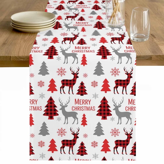 Christmas Table Runner 70 Inches Long Farmhouse Dress Scarves, Xmas Plaid Elk Winter Red Black Tree Snowflakes Dining Tablerunner for Coffee Table/Kitchen Island/Party Décor, 13" x 70"