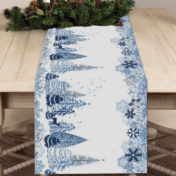 Christmas Table Runner 72 Inch Blue Snowflake Winter White Holiday Table Runners for Christmas Reindeer Elk Forest Dinner Runner Xmas Party Decorations