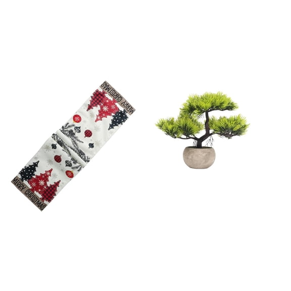 Christmas Table Runner Artificial Bonsai Tree Faux Plant Easy to Clean Polyester Seasonal Decoration for Kitchen Table