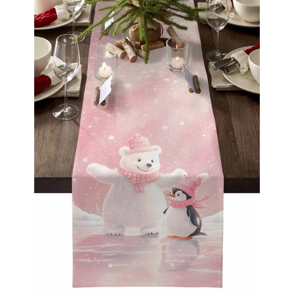 Christmas Table Runner Bear Cute Penguin Table Runners Snowflake Pink Cotton Linen Dresser Scarf Kitchen Dining Table Decor for Christmas Holiday Party Decor 13x36 Inch