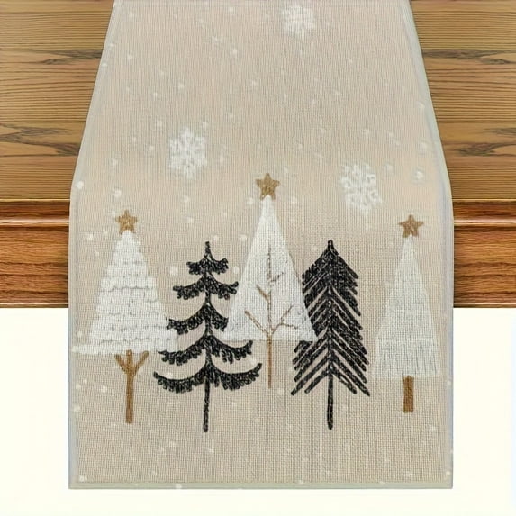 Christmas Table Runner - Beige and brown winter scene with pine trees, snowflakes and stars Festive Christmas table decorations