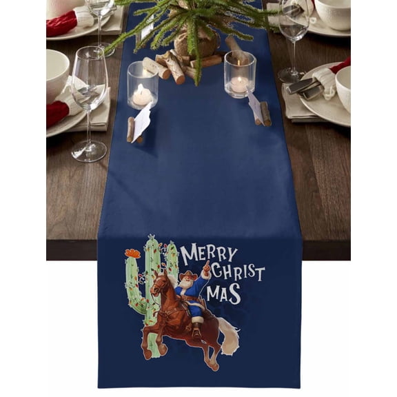 Christmas Table Runner Blue Cowboy Santa Riding Horse Table Runners Christmas Cactus Cotton Linen Dresser Scarf Kitchen Dining Table Decor for Christmas Holiday Party Decor 13x90 Inch