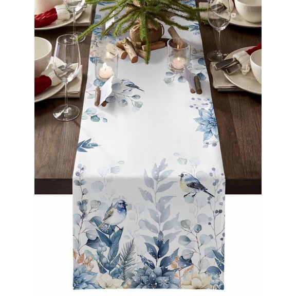 Christmas Table Runner Blue Eucalyptus Leaves Table Runners Robin Bird Floral Snowflake Cotton Linen Dresser Scarf Kitchen Dining Table Decor for Christmas Holiday Party Decor 13x72 Inch