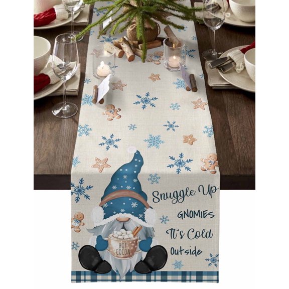 Christmas Table Runner Blue Gnome Table Runners Hot Cocoa Cookie Snowflake Plaid Linen Cotton Linen Dresser Scarf Kitchen Dining Table Decor for Christmas Holiday Party Decor 13x36 Inch