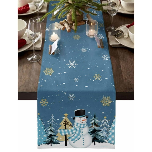 Christmas Table Runner Blue Snowman Pine Tree Table Runners Gold Winter Snowflake Cotton Linen Dresser Scarf Kitchen Dining Table Decor for Christmas Holiday Party Decor 13x72 Inch