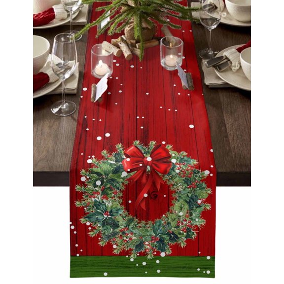 Christmas Table Runner Bow Tie Berry Wreath Table Runners Holly Snowflake Wood Grain Cotton Linen Dresser Scarf Kitchen Dining Table Decor for Christmas Holiday Party Decor 13x36 Inch