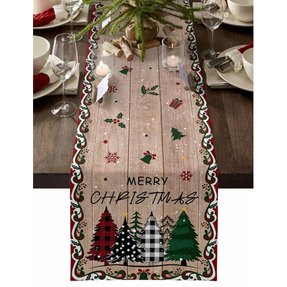 Christmas Table Runner Buffalo Plaid Xmas Tree Forest Table Runners Snowflake Wood Grain Cotton Linen Dresser Scarf Kitchen Dining Table Decor for Christmas Holiday Party Decor 13x90 Inch