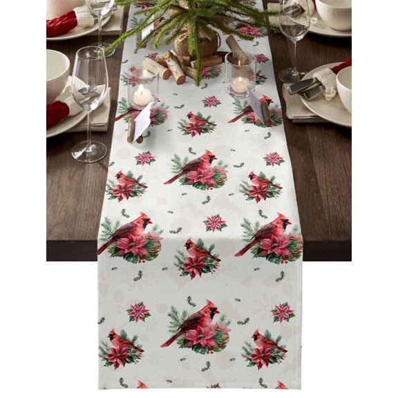 Christmas Table Runner Cardinal Bird Poinsettia Table Runners Holly Leaves Berry Cotton Linen Dresser Scarf Kitchen Dining Table Decor for Christmas Holiday Party Decor 13x36 Inch
