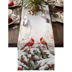 Christmas Table Runner Cardinals Birds Table Runners Pine Tree Red Berry Cotton Linen Dresser Scarf Kitchen Dining Table Decor for Christmas Holiday Party Decor 13x72 Inch