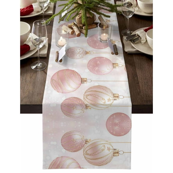 Christmas Table Runner Christmas Balls Table Runners Pink Cotton Linen Dresser Scarf Kitchen Dining Table Decor for Christmas Holiday Party Decor 13x36 Inch