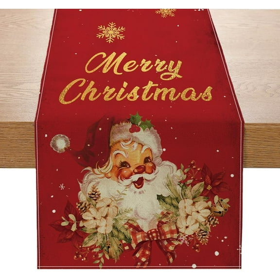 Christmas Table Runner Christmas Decorations - Red and Gold Vintage Santa Claus Merry Christmas Snowflake Winter Xmas Home Kitchen Dining Table Decor, Christmas Party Decorations 13 x 72 Inch