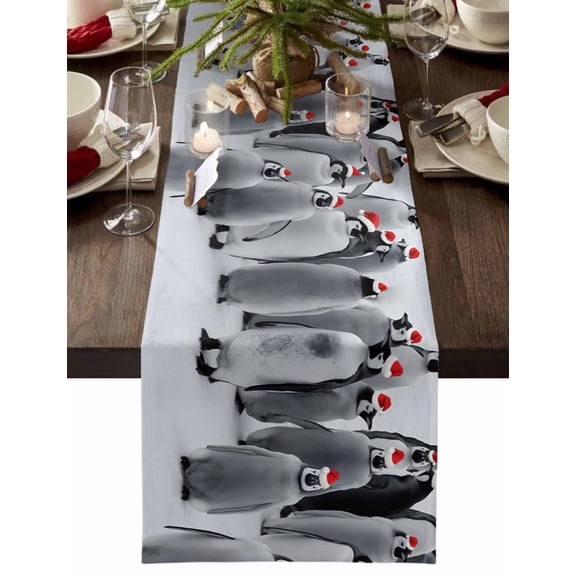 Christmas Table Runner Christmas Hat Penguins Table Runners Cute Animals Snow Cotton Linen Dresser Scarf Kitchen Dining Table Decor for Christmas Holiday Party Decor 13x36 Inch