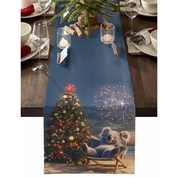 Christmas Table Runner Christmas Tree Koala Table Runners Beach Wave Firework Cotton Linen Dresser Scarf Kitchen Dining Table Decor for Christmas Holiday Party Decor 13x90 Inch