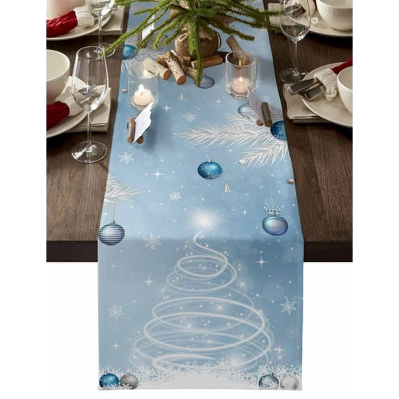 Christmas Table Runner Christmas Tree Table Runners Blue Xmas Balls Pine Tree Branches Cotton Linen Dresser Scarf Kitchen Dining Table Decor for Christmas Holiday Party Decor 13x36 Inch
