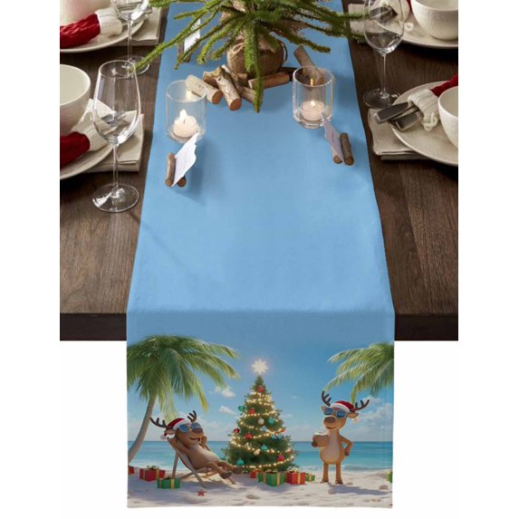 Christmas Table Runner Christmas Tree Table Runners Reindeer Sandy Beach Cotton Linen Dresser Scarf Kitchen Dining Table Decor for Christmas Holiday Party Decor 13x90 Inch