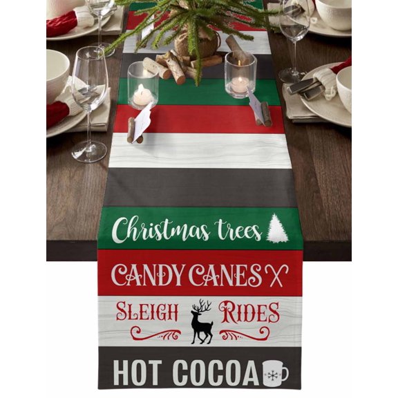 Christmas Table Runner Christmas Trees Candy Cane Table Runners Elk Hot Cocoa Wood Grain Cotton Linen Dresser Scarf Kitchen Dining Table Decor for Christmas Holiday Party Decor 13x36 Inch