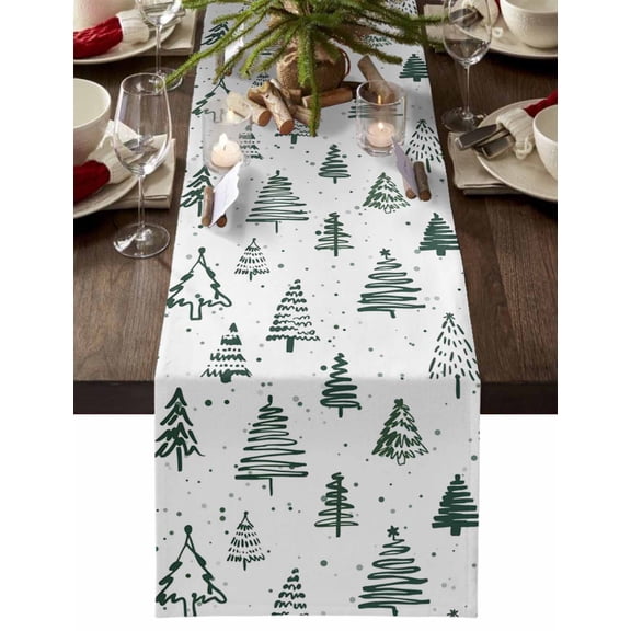 Christmas Table Runner Christmas Trees Table Runners Snow Winter Green White Cotton Linen Dresser Scarf Kitchen Dining Table Decor for Christmas Holiday Party Decor 13x36 Inch
