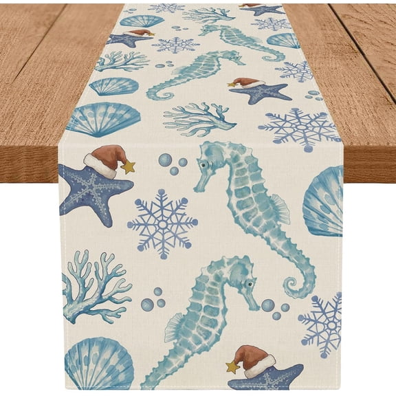 Christmas Table Runner Coastal Beachy Seahorse Starfish Table Runners Seasonal Kitchen Dining Table Decoration for Winter Home Party Banquet Decor 13x72 Inch