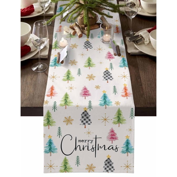 Christmas Table Runner Colorful Christmas Tree Table Runners Winter Snowflake Cotton Linen Dresser Scarf Kitchen Dining Table Decor for Christmas Holiday Party Decor 13x90 Inch