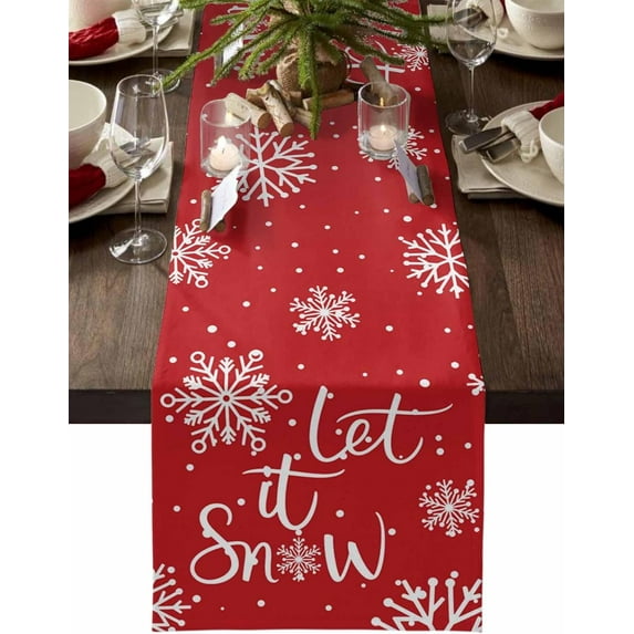 Christmas Table Runner-Cotton Linen-Let it Snow Dinner Scarf Décor,Long 36 Inch Holiday Winter Snowflake Dresser Scarves,Farmhouse Xmas Kitchen Coffee/Dining Home Living Room Tablerunner,Red White