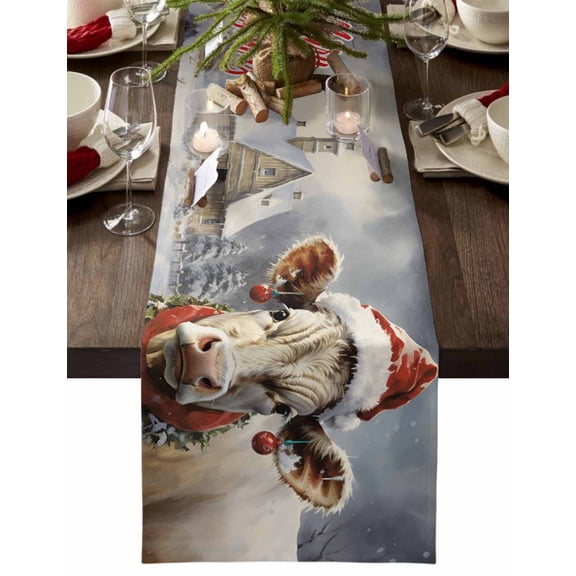 Christmas Table Runner Cow Santa Hat Table Runners Xmas Ball Tree Cotton Linen Dresser Scarf Kitchen Dining Table Decor for Christmas Holiday Party Decor 13x36 Inch