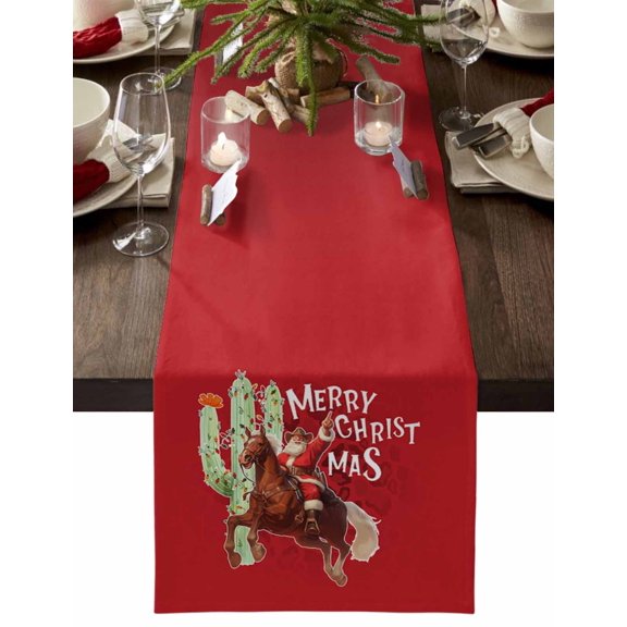 Christmas Table Runner Cowboy Santa Riding Horse Table Runners Christmas Cactus Red Cotton Linen Dresser Scarf Kitchen Dining Table Decor for Christmas Holiday Party Decor 13x72 Inch