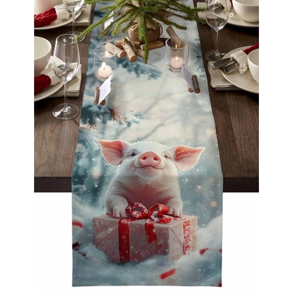 Christmas Table Runner Cute Pig Table Runners Gifts Xmas Trees Snow Cotton Linen Dresser Scarf Kitchen Dining Table Decor for Christmas Holiday Party Decor 13x90 Inch