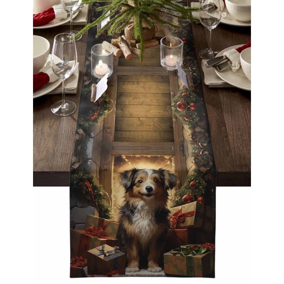 Christmas Table Runner Dog Table Runners Xmas Tree Ball Cotton Linen Dresser Scarf Kitchen Dining Table Decor for Christmas Holiday Party Decor 13x36 Inch