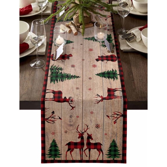 Christmas Table Runner Elk Deer Holly Tree Table Runners Wood Grain Buffalo Plaid Check Cotton Linen Dresser Scarf Kitchen Dining Table Decor for Christmas Holiday Party Decor 13x36 Inch