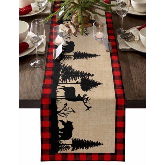 Christmas Table Runner Elk Reindeer Cardinal Bird Table Runners Red Buffalo Plaid Cotton Linen Dresser Scarf Kitchen Dining Table Decor for Christmas Holiday Party Decor 13x36 Inch