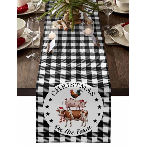 Christmas Table Runner Farm Animal Table Runners Cow Pig Chicken Black Plaid Cotton Linen Dresser Scarf Kitchen Dining Table Decor for Christmas Holiday Party Decor 13x90 Inch