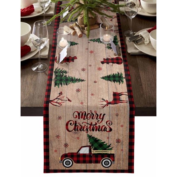 Christmas Table Runner Farm Truck Snowflake Holly Tree Table Runners Wood Grain Plaid Cotton Linen Dresser Scarf Kitchen Dining Table Decor for Christmas Holiday Party Decor 13x36 Inch