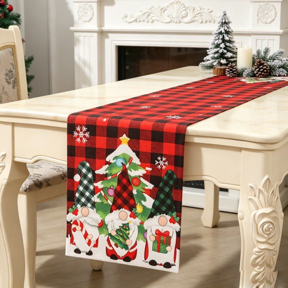 Christmas Table Runner Featuring Red and Black Plaid Snowflake Print, 71X14 in