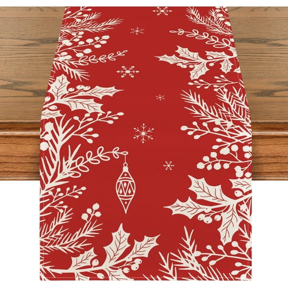 Christmas Table Runner, Floral Snowflakes Berry Farmhouse Kitchen Dining Table Decor, Christmas Holiday Home Decoration Indoor Outdoor Party Supply 13 x 72 Inches