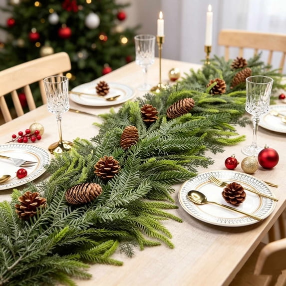 Tabletop Board Christmas Table Runner Garland, Faux Pine Greenery Strand, Holiday ...