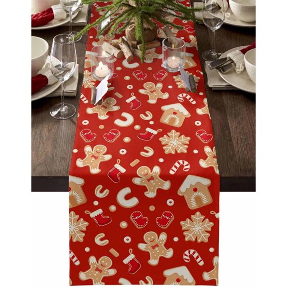 Christmas Table Runner Gingerbread Candy Christmas Table Decorations for Home Dinner Kitchen Red Snowflake Stockings Dresser Runners Seasonal Winter Xmas Holiday Party Decor 108 Inches